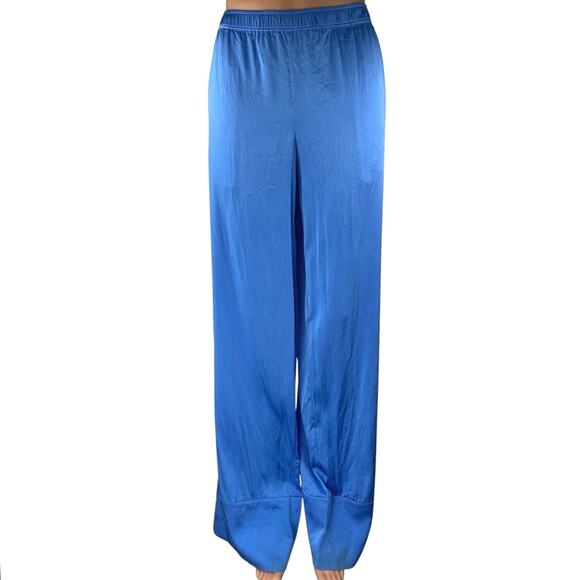 Ser.O.Ya Women's Blue Silk Satin Elastic Waist Wide Leg Lounge Trousers Pants L - Picture 1 of 5